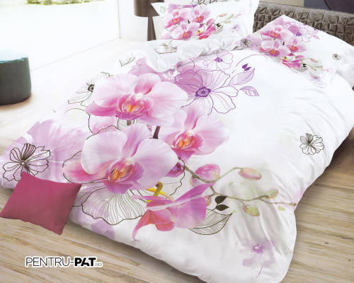 Lenjerie de pat policoton pucioasa 3d cu orhidee roz