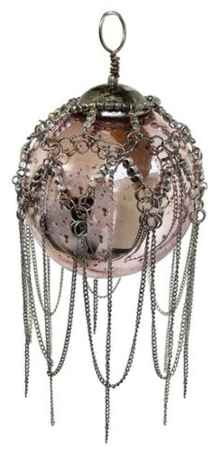 Decoratiune brad deko senso glob 8cm sticla roz antic cu lantisor argintiu