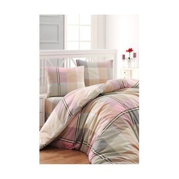 Lenjerie de pat din bumbac ranforsat tartan rosé, 160 x 220 cm