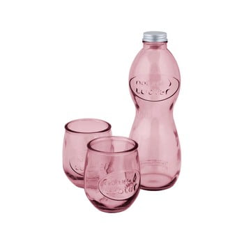 Set 1 sticlă și 2 pahare din sticlă reciclată ego dekor water, roz
