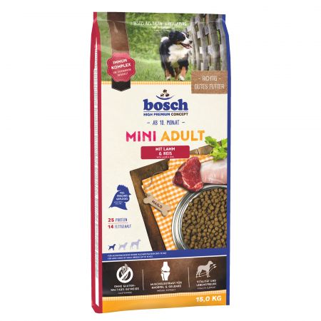 Hrana uscata pentru caini bosch mini adult cu miel si orez 15 kg