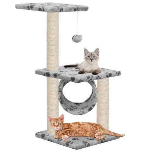 Casa Practica Ansamblu pisici cu stâlpi funie sisal 65 cm imprimeu lăbuțe gri