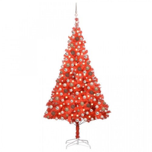 Brad de crăciun artificial led-uri&globuri roșu 210 cm pvc