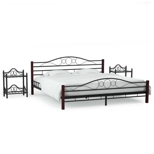 Cadru de pat cu 2 noptiere, negru, 180 x 200 cm, metal