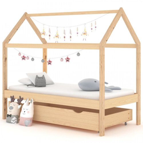 Casa Practica Cadru pat pentru copii, cu un sertar, 80x160 cm, lemn masiv pin