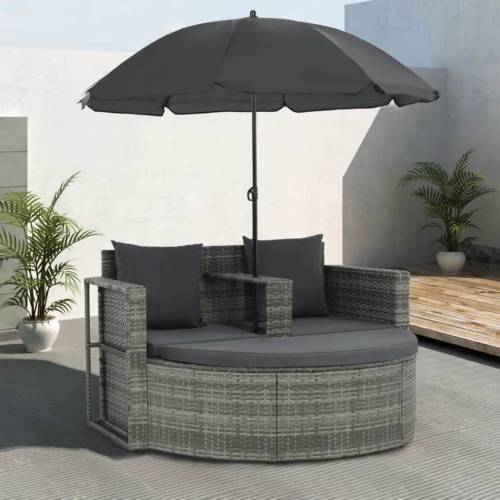 Canapea de grădină cu 2 locuri cu perne   umbrelă gri poliratan