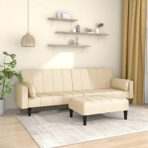 Canapea extensibilă 2 locuri, 2 perne/taburet, crem, textil