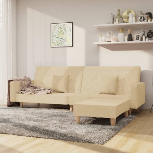 Canapea extensibilă 2 locuri, cu taburet, crem, textil