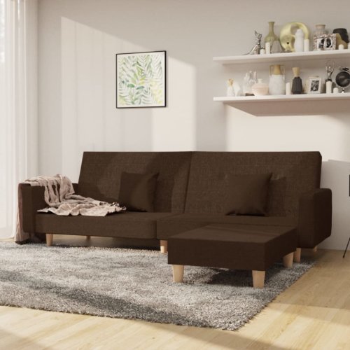 Canapea extensibilă 2 locuri, cu taburet, maro, textil