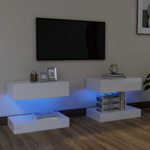 Casa Practica Comode tv cu lumini led, 2 buc., alb extralucios, 60x35 cm