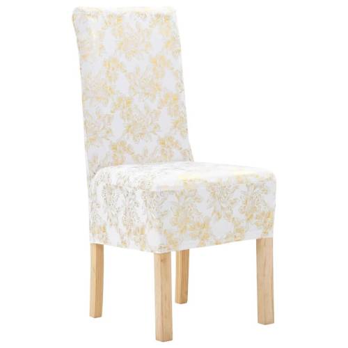 Huse de scaun elastice drepte, 6 buc., alb cu imprimeu auriu