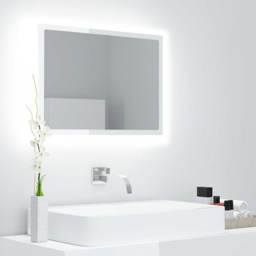 Oglindă de baie cu LED, alb extralucios, 60x8,5x37 cm, PAL