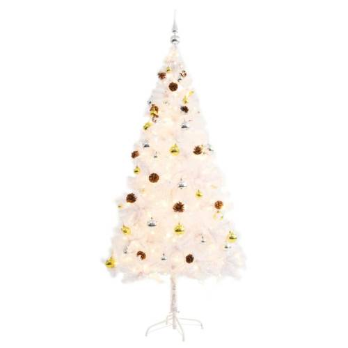 Pom de crăciun artificial decorat cu globuri și led 180cm alb