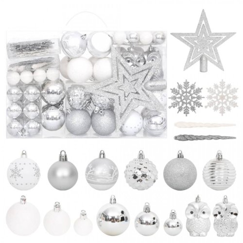 Set globuri de Crăciun, 108 piese, argintiu și alb