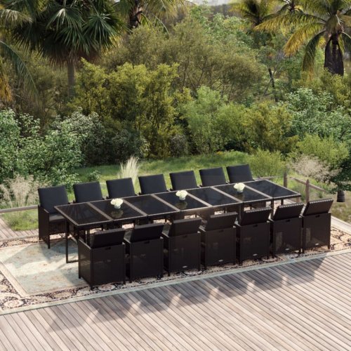 Set mobilier de grădină cu perne, 15 piese, negru, poliratan