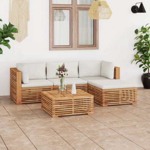 Set mobilier de grădină cu perne crem 5 piese lemn masiv de tec