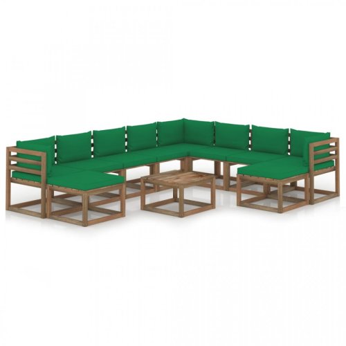 Set mobilier de grădină cu perne verzi, 11 piese
