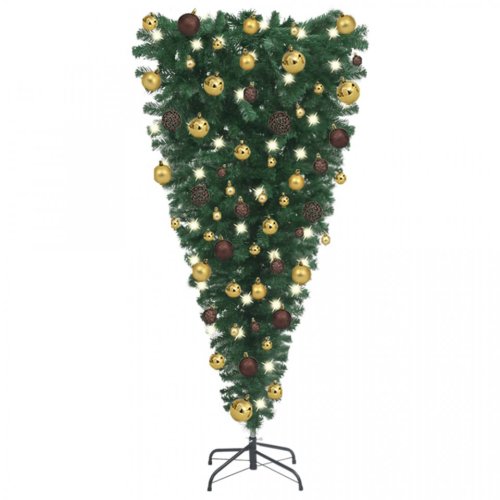 Set pom Crăciun artificial inversat LED-uri&globuri negru 120cm