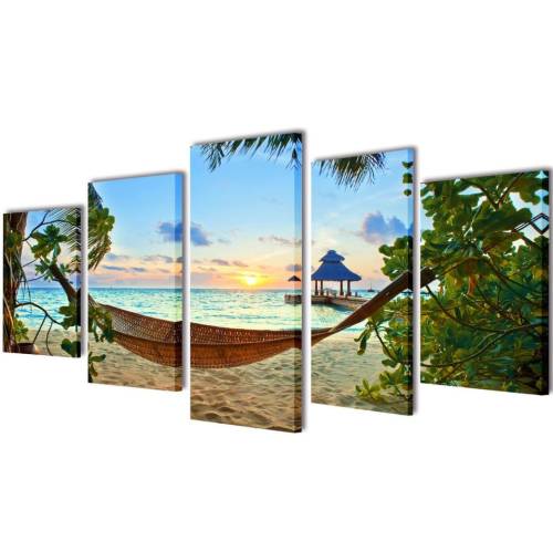 Casa Practica Set tablouri de perete cu imprimeu plajă cu nisip și hamac, 200x100cm