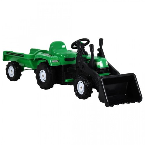 Tractor copii cu pedale, remorcă şi încărcător, verde și negru