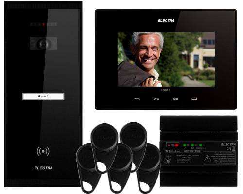 Kit videointerfon electra, 1 familie, monitor 7 inch, montaj aparent, 5 x taguri, negru