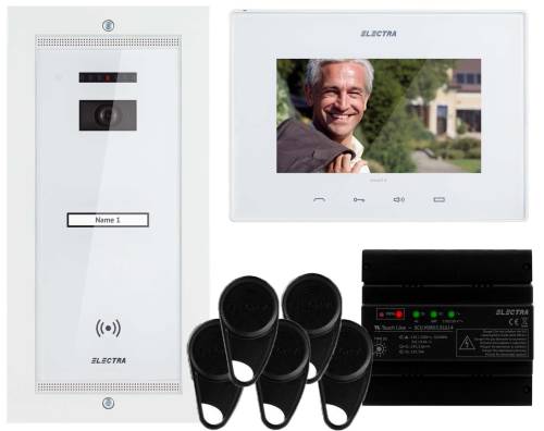 Kit videointerfon electra, 1 familie, monitor 7 inch, montaj ingropat, 5 x taguri, alb