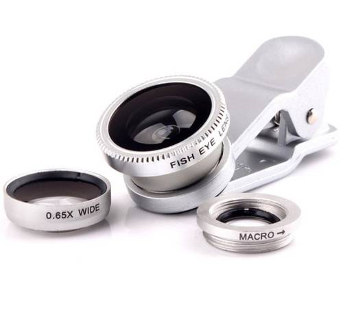 Kit lentile foto iuni 3-in-1 macro, wide angle si fisheye compatibile cu smartphone si tableta, argintiu