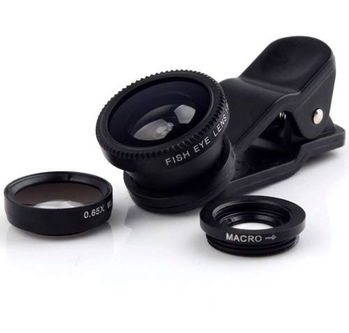 Kit lentile foto iuni 3-in-1 macro, wide angle si fisheye compatibile cu smartphone si tableta, negru