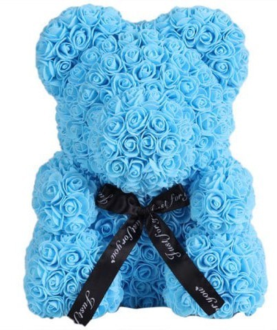 Ursulet floral albastru decorat manual cu trandafiri de spuma 25 cm ideal pentru cadou