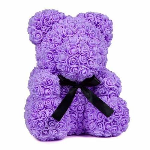 Ursulet floral violet decorat manual cu trandafiri de spuma 25 cm ideal pentru cadou