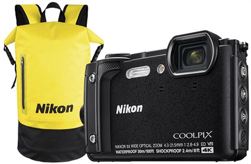Aparat foto digital nikon coolpix w300 holiday kit, 16 mp, 1/2.3inch cmos, 5x zoom optic, filmare 4k, waterproof, shockproof, gps, bluetooth, wifi (negru)