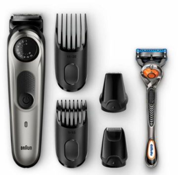 Aparat tuns barba braun bt7020, 39 setari de lungime, 0.5 – 20 mm, autonomie 100 min, lavabil + aparat de ras gillette fusion5 proglide cu tehnologia flexball (negru/gri)