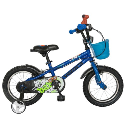 Bicicleta copii velors v1401a, roti 14inch, cosulet, roti ajutatoare (albastru)