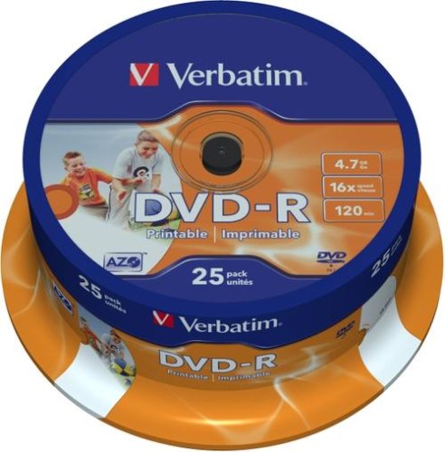 Blank dvd-r, 16x, 4.7gb, inkjet printable, 25 buc