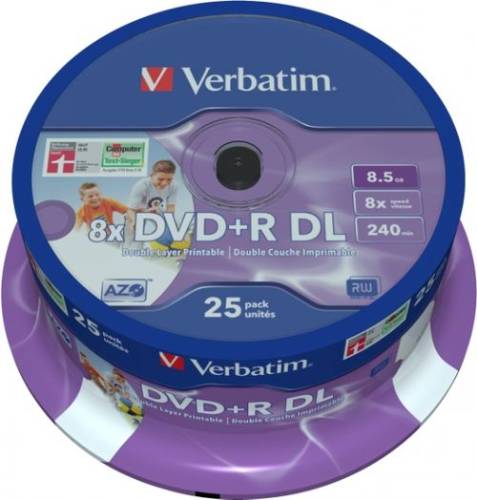 Verbatim Blank dvd+r, 8x, 8.5gb, inkjet printable, spindle 25