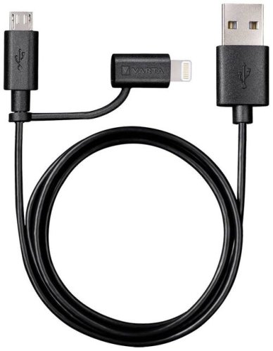 Cablu usb varta 57943101401, 2 in 1, micro usb, apple lightning (negru)