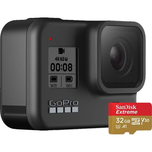 Camera video de actiune gopro hero8 black edition, filmare 4k60, 12mp, waterproof, gps, wi-fi + card de memorie sandisk microsdhc 32gb (negru)