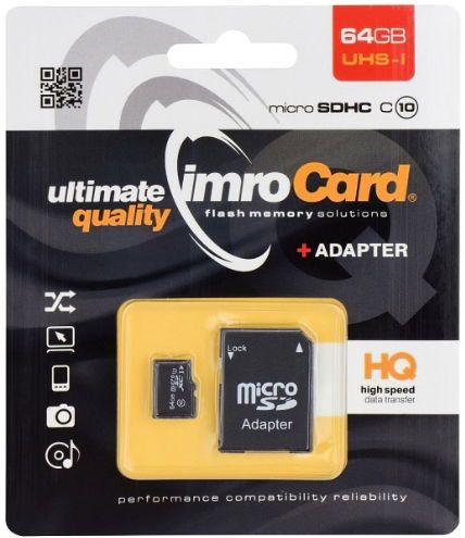 Card de memorie imro, micro sdhc uhs-1 64gb (clasa 10) + adaptor sd