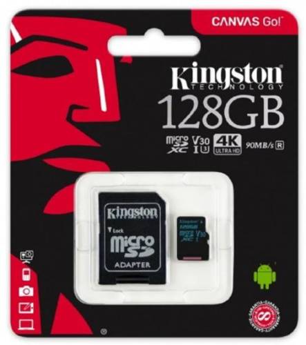 Card de memorie kingston canvas go microsdxc, 128 gb, 90 mb/s citire, 45 mb/s scriere, uhs-i class 3 + adaptor sd