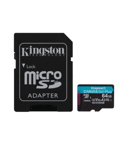 Card de memorie kingston canvas go! plus,microsdxc, 64gb, uhs-i, class 10, u3, v30, a2 + adaptor microsd