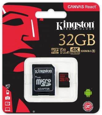 Card de memorie kingston canvas react, microsdhc, 32 gb, 100 mb/s citire, 70 mb/s scriere, clasa 10 uhs-i v30 + adaptor sd