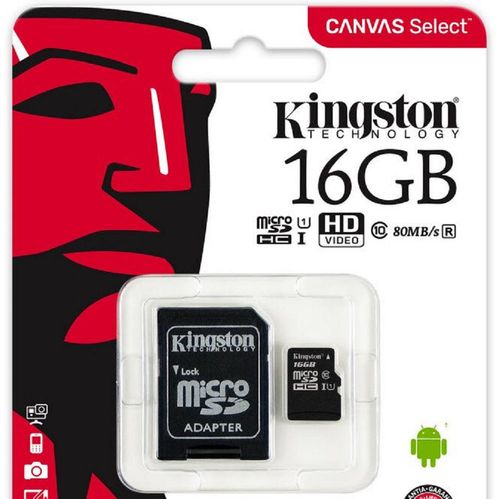 Card de memorie kingston canvas select microsdhc, 16 gb, 80 mb/s citire, 10 mb/s scriere, clasa 10 uhs-i + adaptor sd