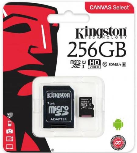 Card de memorie kingston canvas select microsdxc, 256 gb, 80 mb/s citire, 10 mb/s scriere, clasa 10 uhs-i + adaptor sd