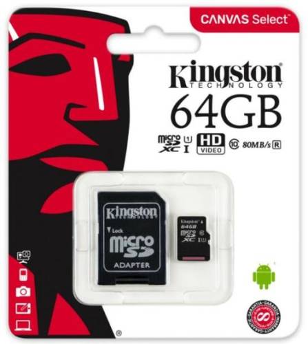 Card de memorie kingston canvas select microsdxc, 64 gb, 80 mb/s citire, 10 mb/s scriere, clasa 10 uhs-i + adaptor sd