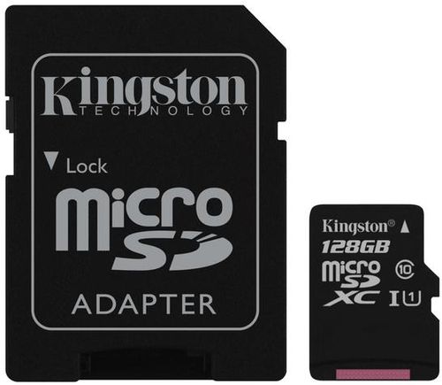 Card de memorie kingston microsdxc, 128gb, 45 mb/s citire, 10 mb/s scriere, clasa 10 + adaptor sd