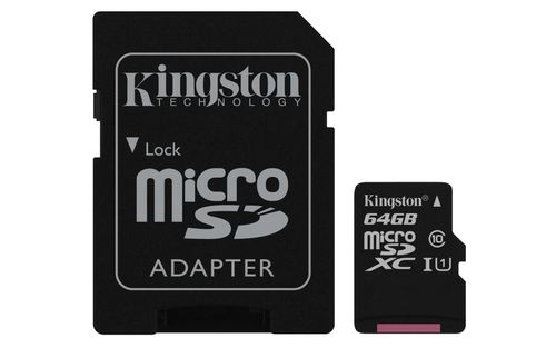 Card de memorie kingston microsdxc, 64gb, 45 mb/s citire, 10 mb/s scriere, clasa 10 + adaptor sd