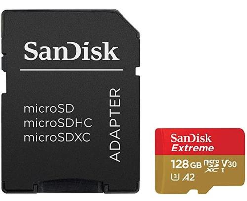Card de memorie sandisk extreme microsdxc, 128gb, uhs-i u3, clasa 10, v30 + adaptor sd
