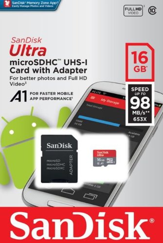 Card de memorie sandisk ultra android microsdhc sdsquar-016g-gn6ta, 16gb, uhs-i, clasa10 + adaptor sd