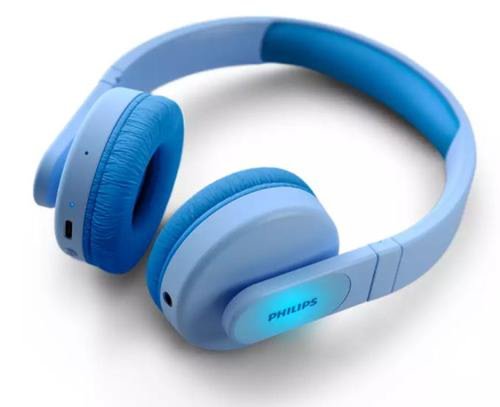 Casti stereo wireless philips tak4206bl/00, pentru copii, on-ear, bluetooth, redare 28 de h, incarcare rapida, microfon (albastru)