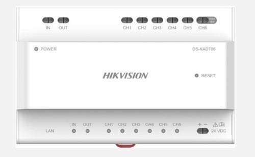 Distribuitor audio/video pentru sisteme de videointerfonie cu conexiune pe 2 fire hikvision ds-kad706, 6 canale de alimentare (include un canal cu putere maxima de 16w), interfata retea: 1, rj45, alimentare 24 vdc